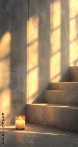 Candle illuminating a concrete staircase with window light patterns, suitable for themes of serenity, contemplation, or interior design.