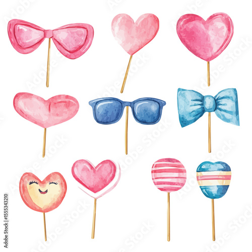 watercolor vector of Photo Booth Props, isolated on a white background.