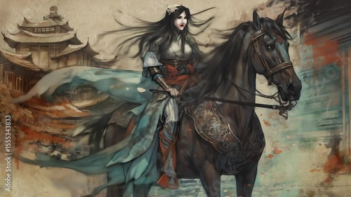 Resting Woman Warrior on Horse – Fantasy Asian Watercolor Scene
