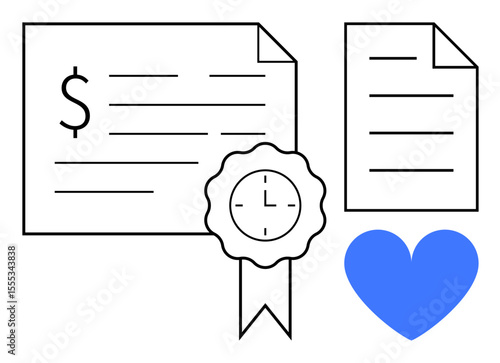 Financial document with a dollar sign, certified badge, secondary paper, and heart. Ideal for finance, certification, trust, compliance, contracts administration and simple landing page