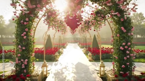 A floral archway with a red heart and red roses leading to a garden with manicured trees