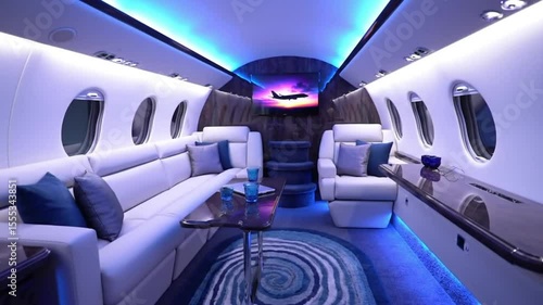 Interior view of a private jet with white leather seating and blue accent lighting throughout cabin