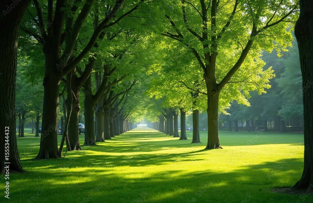Fototapeta premium Scenic view green park with tall trees along alley. Neat grass lawn, foliage, sunlight and shadow. Tranquil nature scene, perfect place for relax in the city. Springtime, summer.