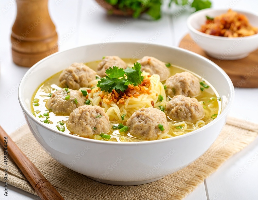 Warm Bakso Meatball Soup Served in White Bowl with Fried Shallots Warm Bakso Meatball Soup Served in White Bowl with Fried Shallots