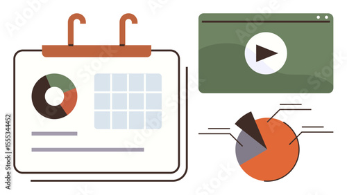 Calendar with charts, web video player, pie chart. Ideal for project planning, analytics, scheduling, content creation, data insights digital marketing teamwork. Simple flat metaphor