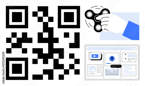 QR code, hand with fidget spinner, and website analytics on a screen. Ideal for technology, data analysis, business, scanning, leisure engagement web interface. Simple flat metaphor