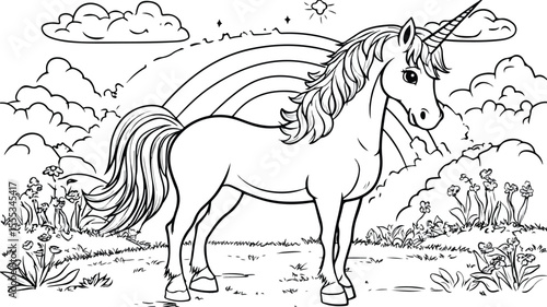 Enchanting unicorn under vibrant rainbow - Dreamy fantasy illustration for design projects