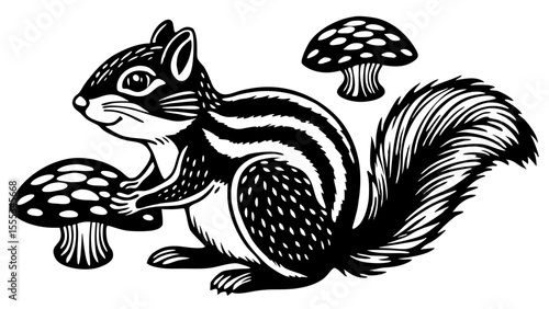 Chipmunk perched by mushrooms in a black and white illustration  