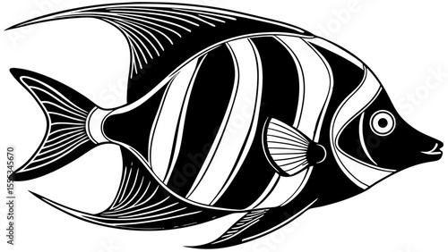 Moorish idol fish illustration in black and white design style  
