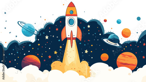 Playful Rocket Ship Lifts Off Into Night Sky - Creative Space Exploration Concept