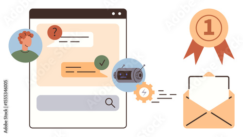 Chat interface with user profile, AI chatbot interaction, search bar, achievement medal, and email notification. Ideal for communication, AI, support, achievement automation messaging email in