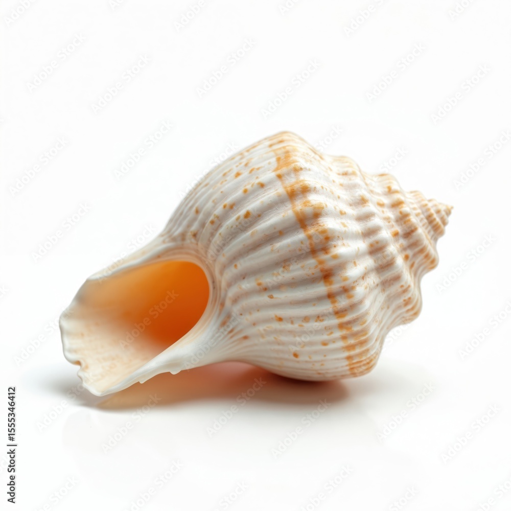 Naklejka premium Illustration of seashell on white backdrop. Textured ocean shell with spiral shape isolated. Marine mollusk. Tropical summer beach vacation concept. Nature, ocean, marine life.