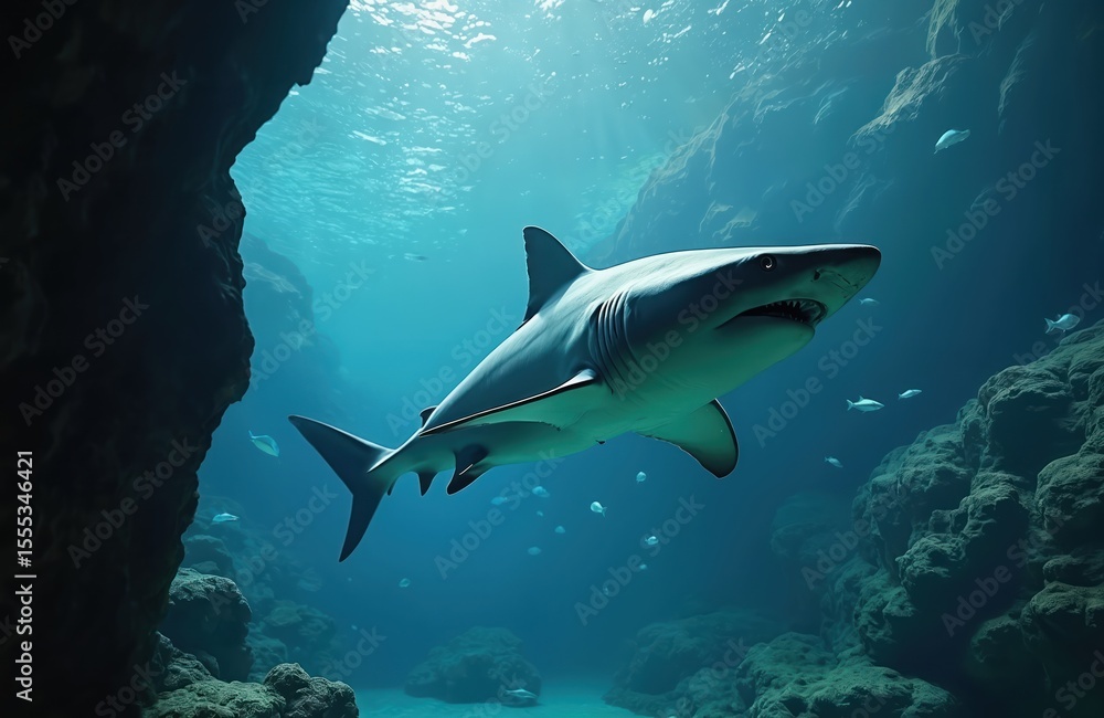 Obraz premium Great white swims underwater at sea. Marine predator swims in deep blue ocean. Dangerous, aquatic animal, underwater photography. Marine life, ocean environment, week. Underwater world.