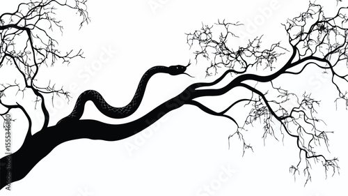 Black Slender Viper Silhouette on Tree - Abstract Snake Attack Illustration