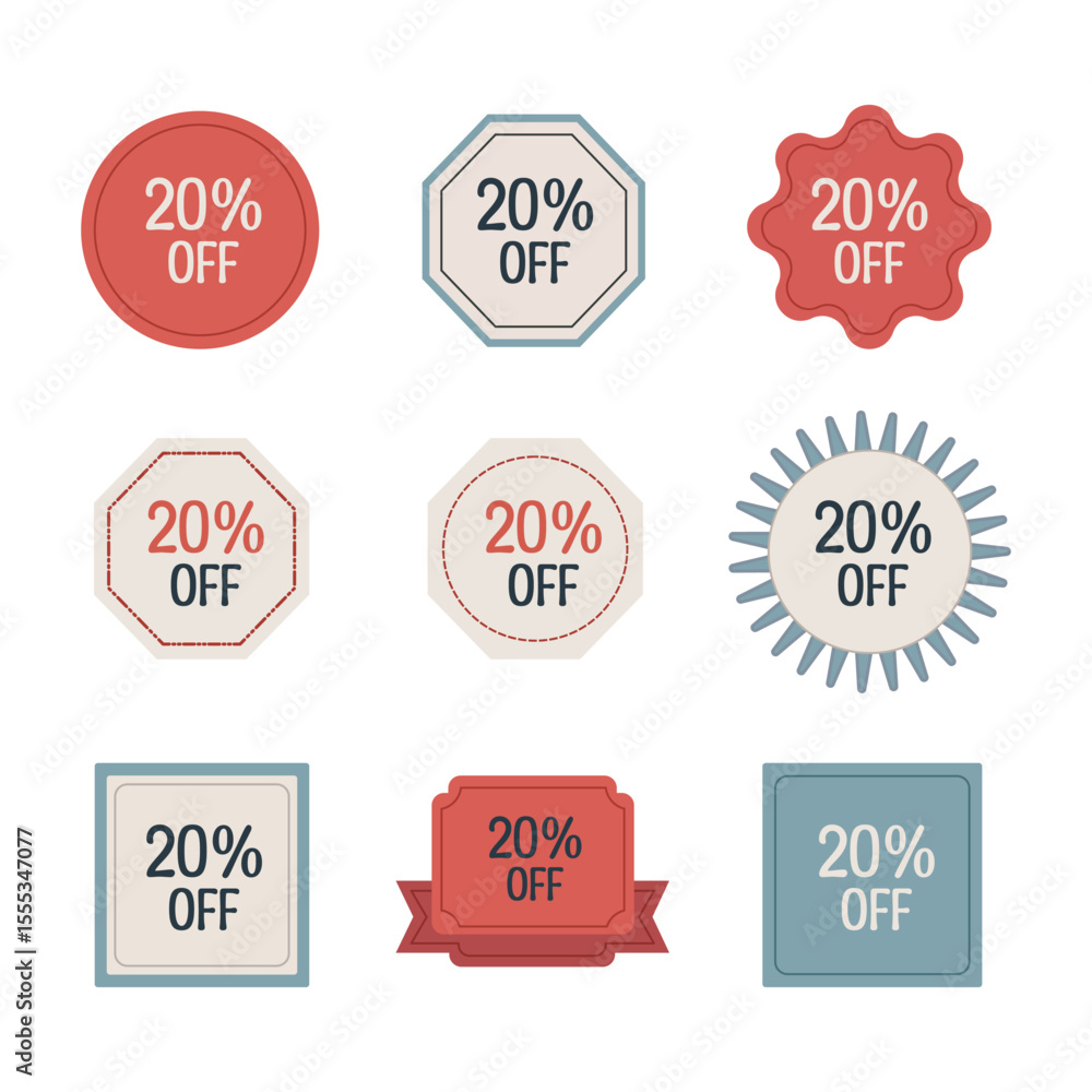 Obraz premium Collection of nine different discount tags showing 20 percent off isolated on white background
