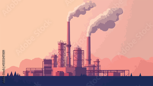 Industrial Factory Building with Smoke Clouds Banner