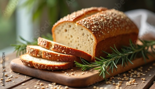 Fresh baked whole grain bread loaf, cut slices on wooden board. Scattered seeds, green rosemary sprigs on rustic wooden table. Healthy food, homemade baking, artisanal concept.
