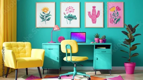 A vibrant workspace featuring a turquoise desk, yellow chair, and colorful floral art prints