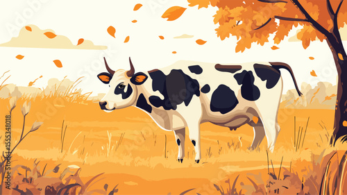 Adorable Milk Cow with Black Spots Grazing in Pasture