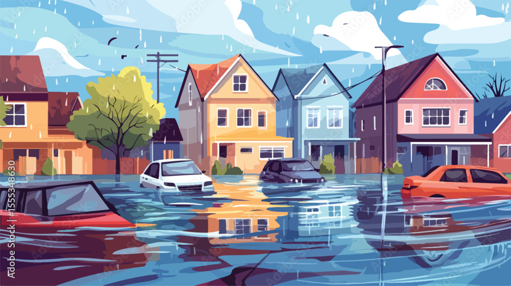 Naklejka premium Devastating Flood Disaster Strikes Submerged City - Aerial View of Inundation