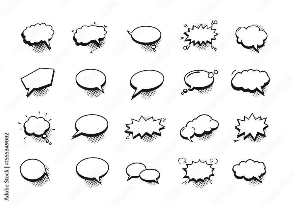 Array of 20 halftone comicstyle speech and thought bubbles various shapes on white background Array of 20 halftone comicstyle speech and thought bubbles various shapes on white background