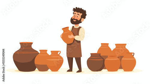 Happy Potter Holds Clay Vase: Professional Ceramist with Crock