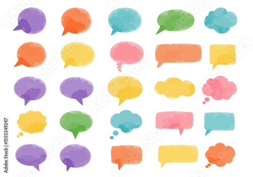 Colorful watercolor speech bubbles  thought clouds in varied shapes are arranged against a white backdrop