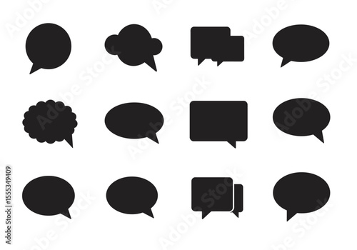Twelve black speech bubbles arranged in rows of four each with a different shape and design