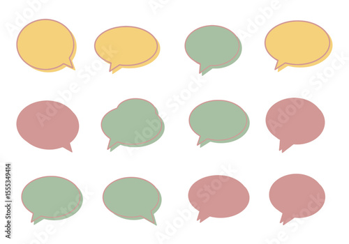 Twelve colorful speech bubbles in three colors with a fuzzy outline arranged in a grid