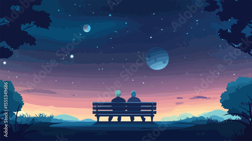 Elderly People Admiring Night Sky while Sitting on Bench