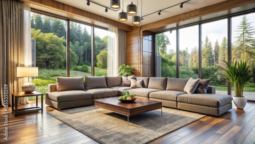 Wallpaper Mural Modern open-concept living room with a large sectional sofa and a floor-to-ceiling window that lets in plenty of natural light , modern decor, natural light Torontodigital.ca