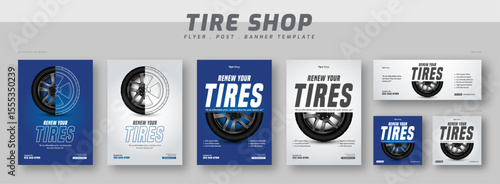 Tire shop flyer bundle template | tire parts product sale promotion web banner and social media post | Tire sale auto repair shop banner set