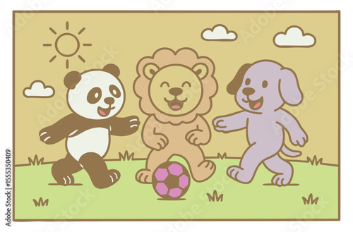 Cute animals playing football colorful vector illustration