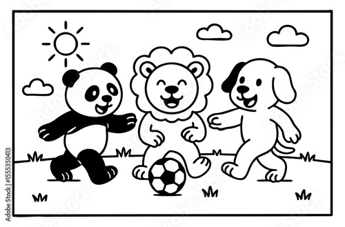 Cute animals playing football illustration coloring book painting