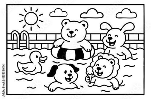 cute kids in the pool on a sunny day illustration coloring book