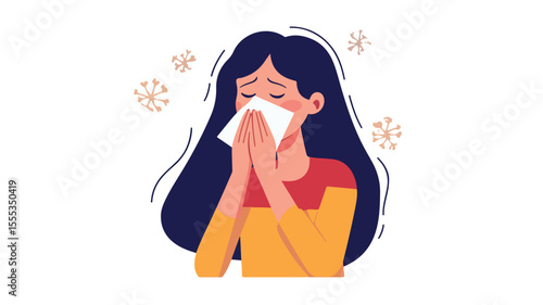 Sick Woman Sneezing with Tissue, Covering with Hand - Healthcare Concept
