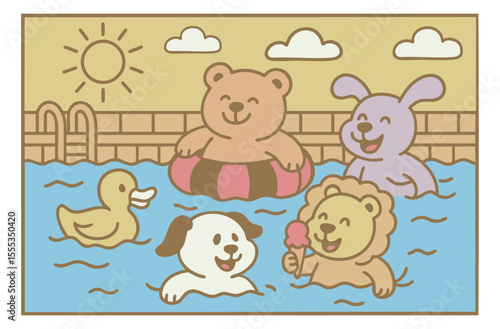 cute kids in the pool on a sunny day colorful illustration