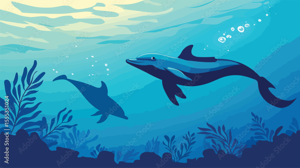 Obraz premium Swimmer Diving into Ocean Wildlife with Touches of Communication
