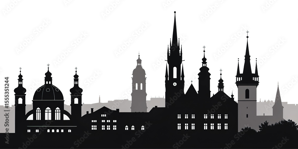 Fototapeta premium Black and White Line Art Skyline of European Cities - Travel Landmark Illustration