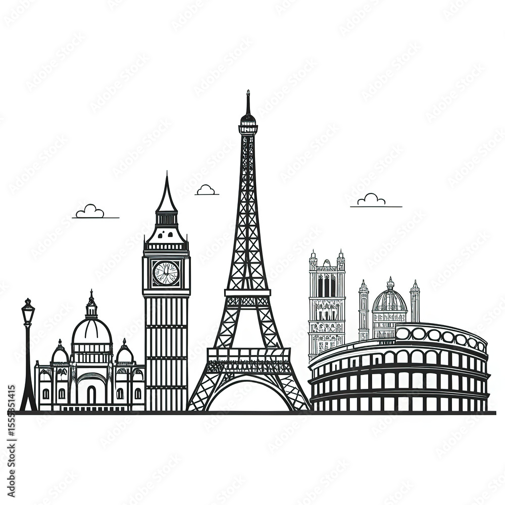 Fototapeta premium Black and White Line Art Skyline of European Cities - Travel Landmark Illustration