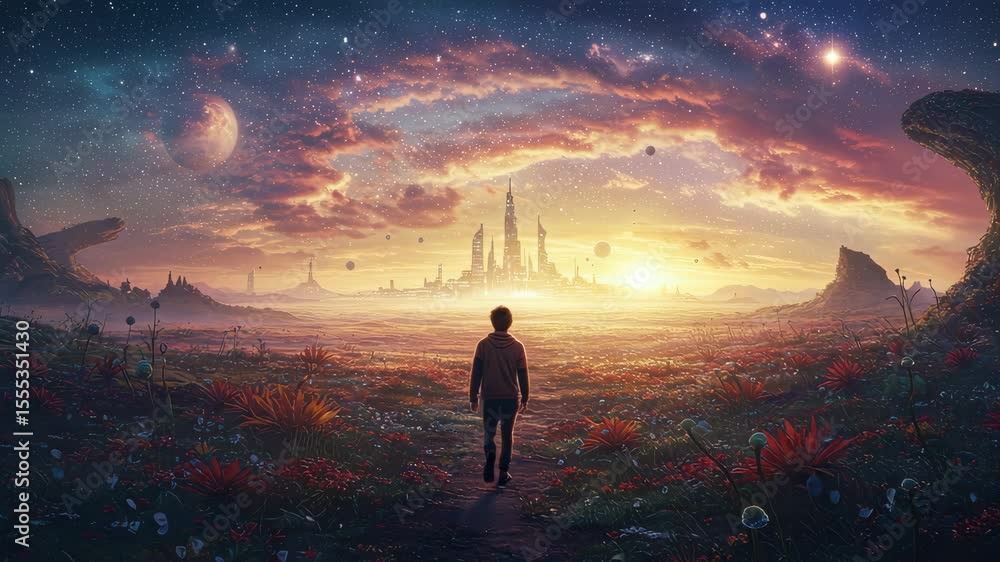 Young explorer walks towards a magical city at sunset in a vibrant fantasy landscape with stars and planets above Young explorer walks towards a magical city at sunset in a vibrant fantasy landscape with stars and planets above