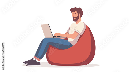 Young Man Sitting on Bean Bag Chair Freelance Work Concept EPS Image