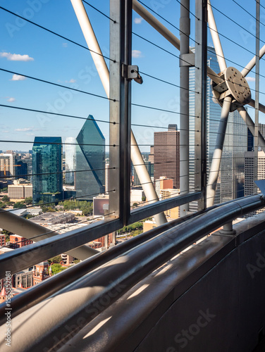 View of downtown Dallas from the Reunion Tower observation deck. Aerial panoramic view of the financial district in Downtown Dallas, Texas from the observation deck of Reunion Tower.