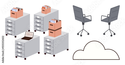 Office setup with file cabinets, document boxes, office chairs, and laptop, symbolizing cloud storage and digital organization. Ideal for data management, teamwork, remote work, archiving
