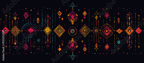 Traditional African style serves as the backdrop for a seamless template of repeating abstract geometric shapes, illustrating the concept of ethnic patterns, which can be used to design banners,
