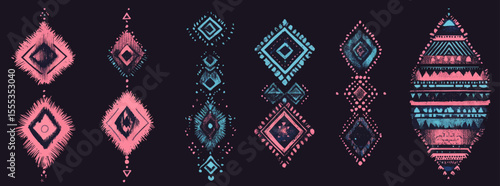 A collection of ethnic tribal posters presents flat modern illustrations in a boho style, featuring ancient Aztec tribe wall arts, Mexican cards, and vertical decorations adorned with Navajo shapes,