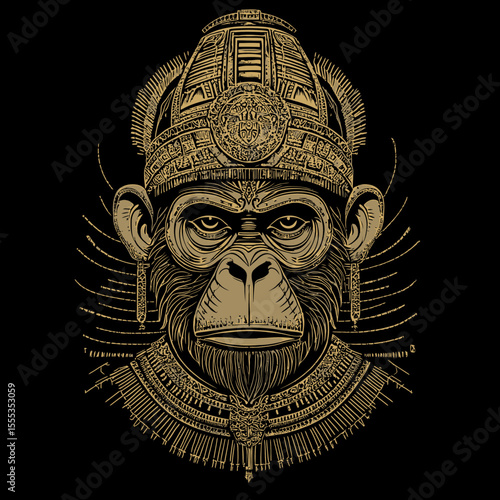 Brown silhouette of a monkey, rendered in ancient Aztec style, isolated on black, intended for use as clipart on t-shirts
