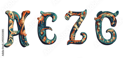 This African tribal font set boasts a unique folk lettering design, complete with an exotic ethnic pattern, designed for use on textiles, posters, and brochure banners