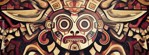 The design combines ethnic symbols, ancient tribal elements, and shapes to create a pattern, incorporating Aztec, Mexican, and Maya ornaments, with a horizontal background in boho style, and
