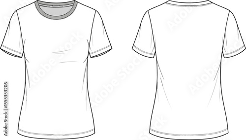 Women's round neck t-shirt flat sketch, front and back technical vector drawing for fashion design, clothing apparel template illustration